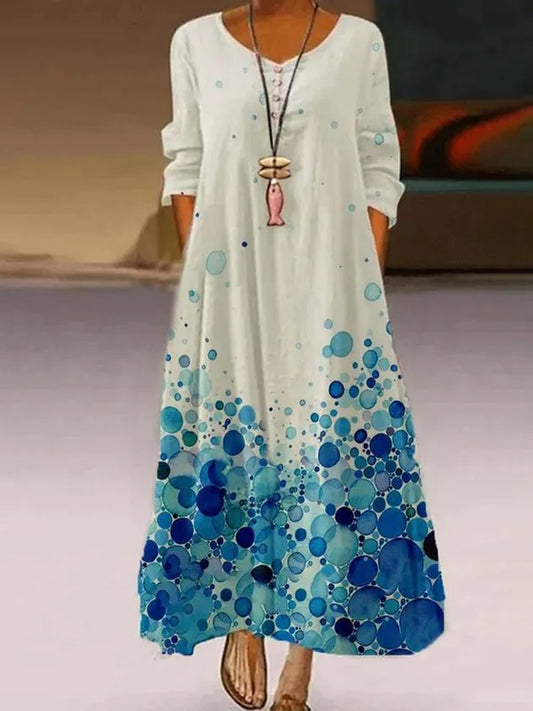 A-Line Floral V Neck Long Sleeve Dress